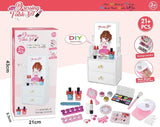 KidoKraze 21-piece DIY wooden dressing table and makeup set for girls, featuring toy accessories and mirror for pretend play.