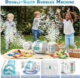 KidoKraze automatic dual-head 360° rotating bubble gun machine with colorful bubble streams and spinning nozzles.