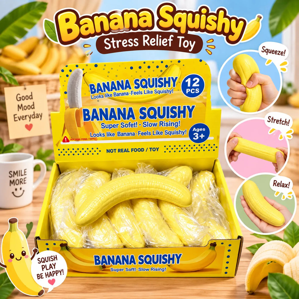 KidoKraze banana squishy stress relief toy with soft, squeezable texture for relaxation and fidgeting.