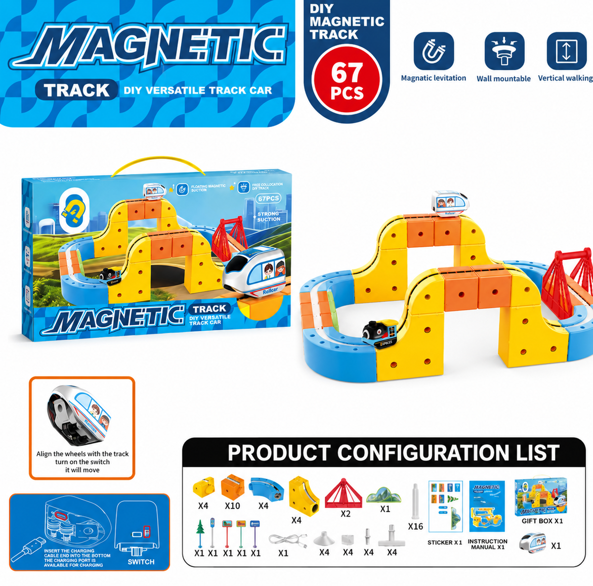 Magnetic Rail Electric Train Set for Kids - 67 Pcs