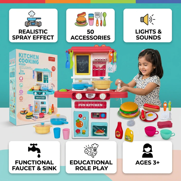 KidoKraze Toys Kitchen Cooking Set with 50 accessories, includes pretend play utensils, pots, pans, and spray effect for kids' imaginative play.