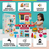 KidoKraze Toys Kitchen Cooking Set with 50 accessories, includes pretend play utensils, pots, pans, and spray effect for kids' imaginative play.