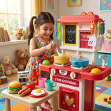KidoKraze toy kitchen cooking set with 50 accessories, including spray effect, for pretend play and realistic cooking fun.