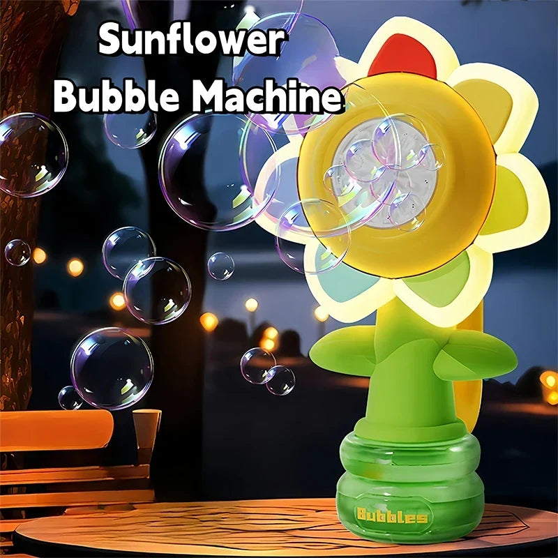 KidoKraze sunflower-shaped electric bubble gun toy for kids, handheld portable bubble blower with light-up feature and shaking head movement.