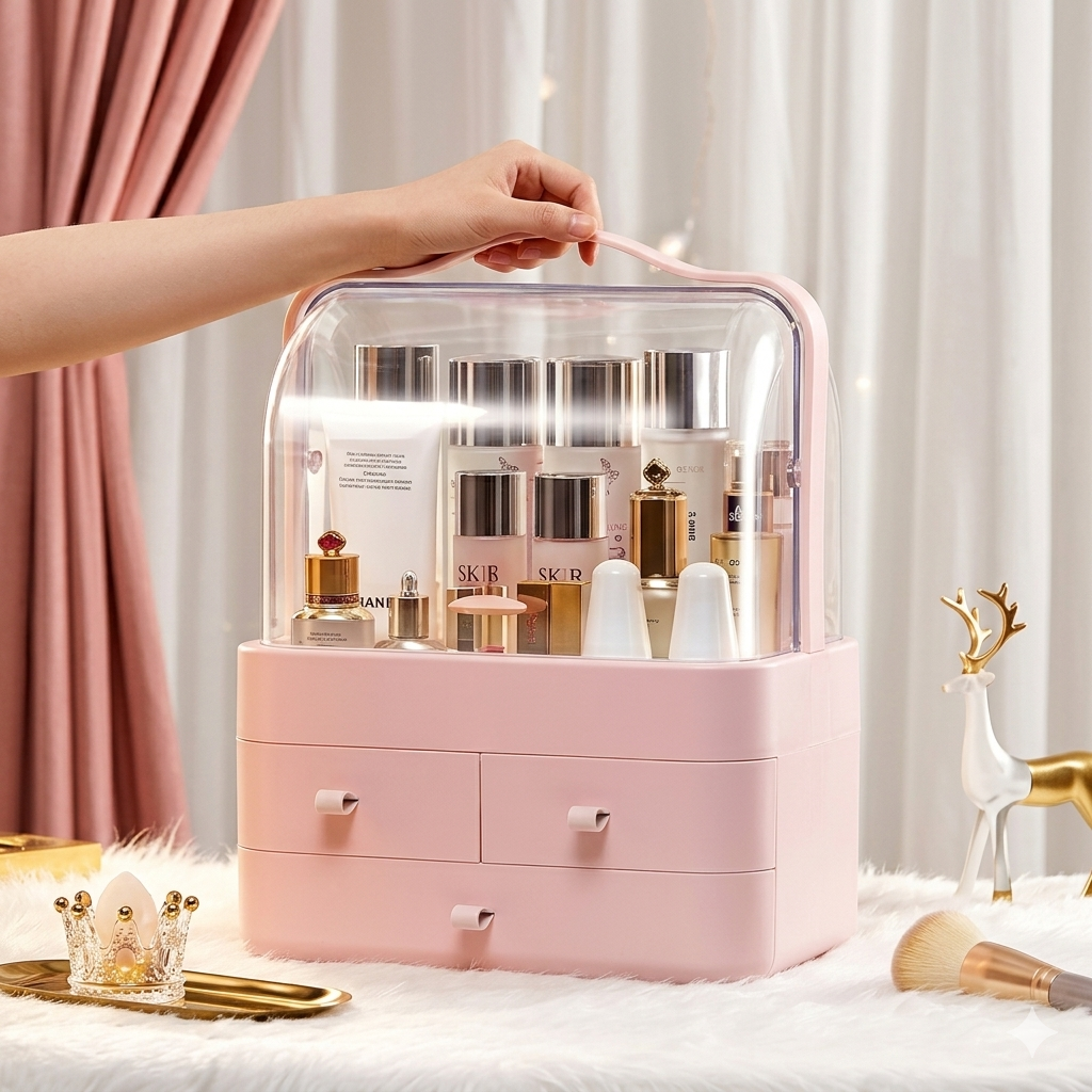 Portable Dustproof Makeup Organizer Box with LED Mirror and Drawers