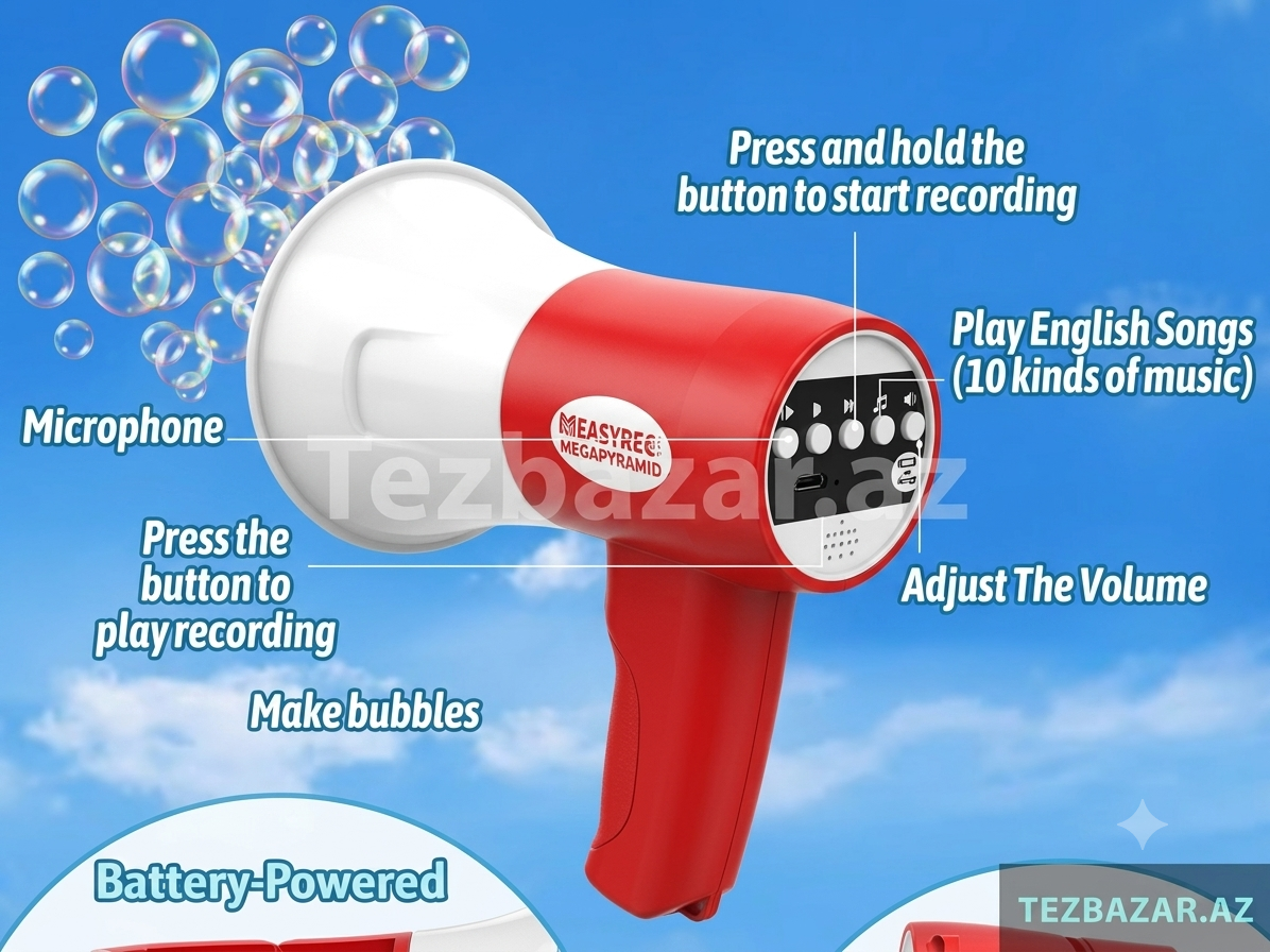 KidoKraze multifunctional megaphone bubble blower toy with voice recorder and music features, shown in vibrant colors.