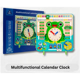Wooden frog-shaped calendar and learning clock board by KidoKraze, featuring colorful educational toys for kids.