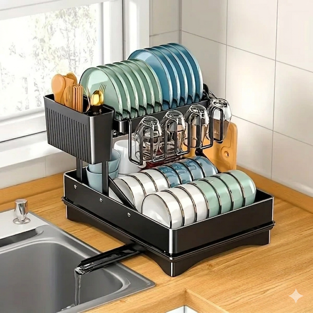 Kitchen Dish Drying Rack with Utensil Holder and Cutting Board Attachment
