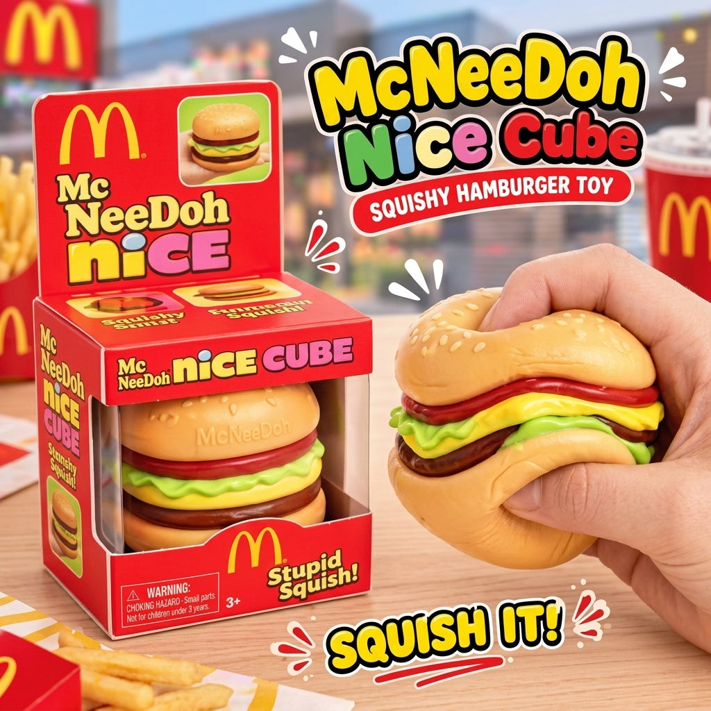 KidoKraze McDonald's burger squishy stress relief toy, soft squeeze toy resembling a classic fast-food burger, flexible and fun to squeeze