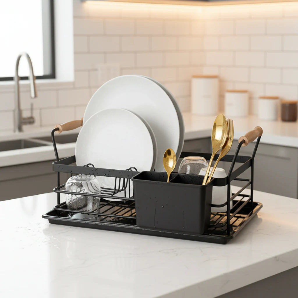 Premium Metal Dish Drying Rack with Wooden Handles