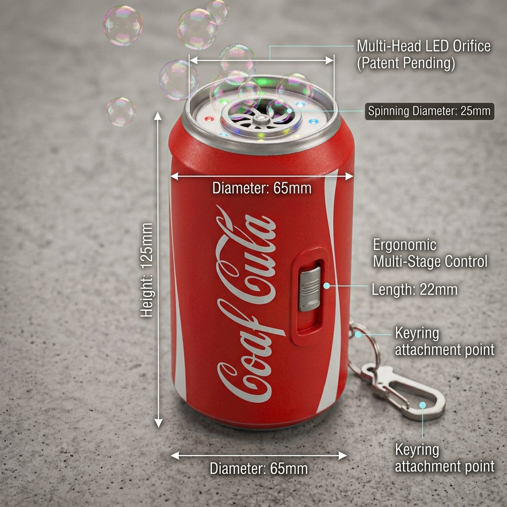 KidoKraze soda can bubble blower toy with LED lights and music, featuring colorful bubbles and playful design.