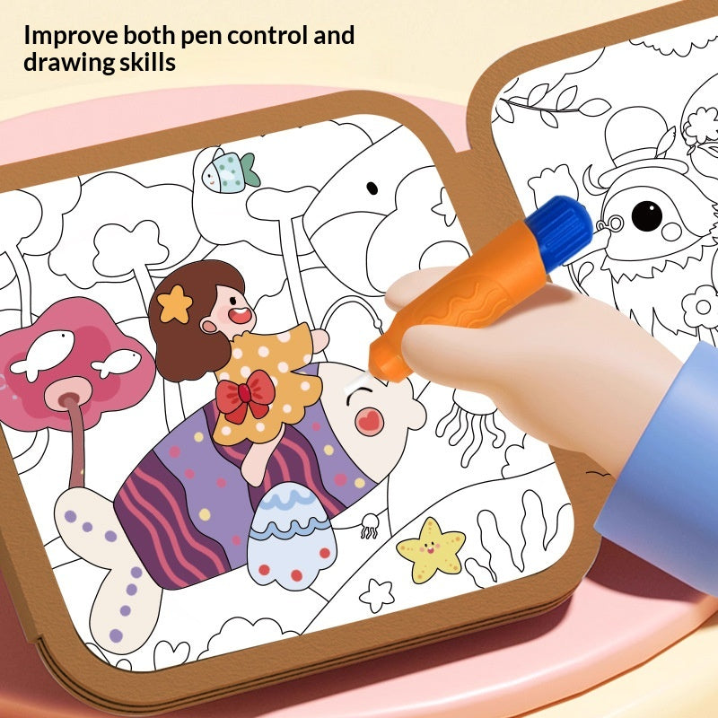 Kids Water Doodle Book by KidoKraze showing colorful pages and water pen, designed for children's creative drawing and fun.