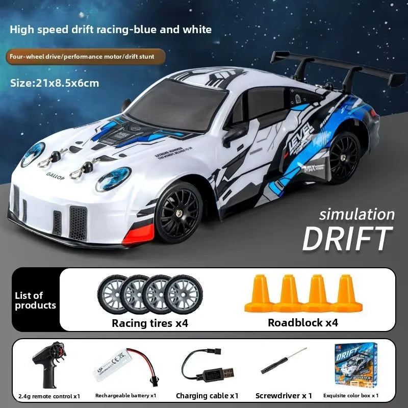 High-speed 1:16 scale KidoKraze RC drift racing car on a track, showcasing its sleek design and detailed features.