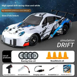 High-speed 1:16 scale KidoKraze RC drift racing car on a track, showcasing its sleek design and detailed features.
