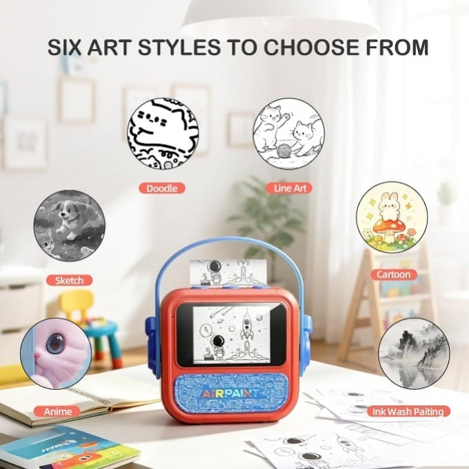 Kids AI voice smart thermal printer by KidoKraze shown with colorful design and compact size, ideal for children's printing needs.