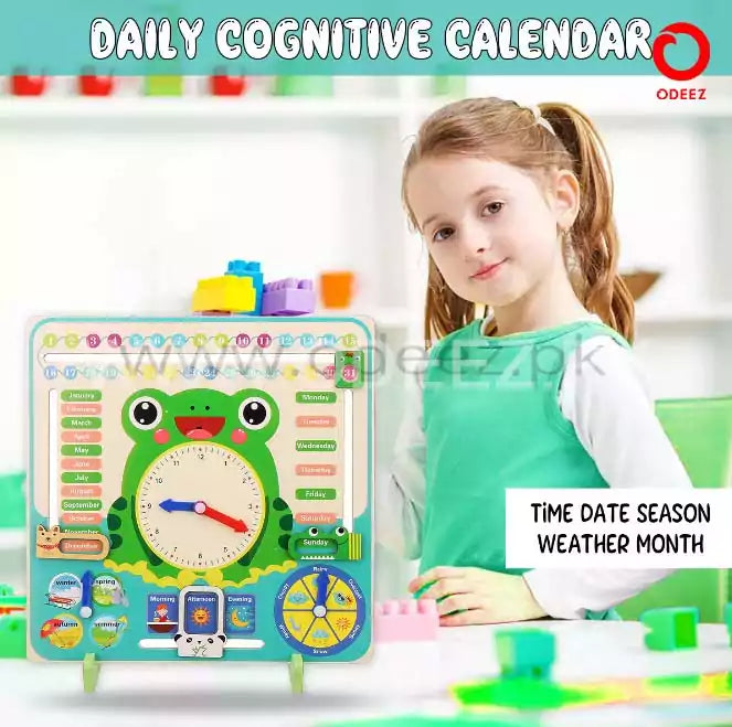 KidoKraze wooden frog calendar and learning clock board, educational toy with colorful calendar and clock features for kids.