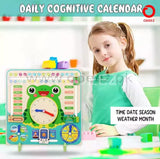 KidoKraze wooden frog calendar and learning clock board, educational toy with colorful calendar and clock features for kids.