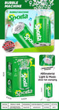 KidoKraze soda can bubble blower toy with LED lights and music, showing colorful bubbles and playful design in action