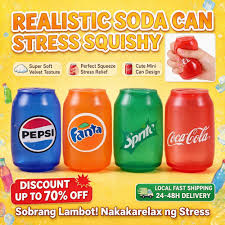 KidoKraze mini soda can squishy toy, soft stress reliever and squeeze toy, with a realistic soda can design and bright colors.