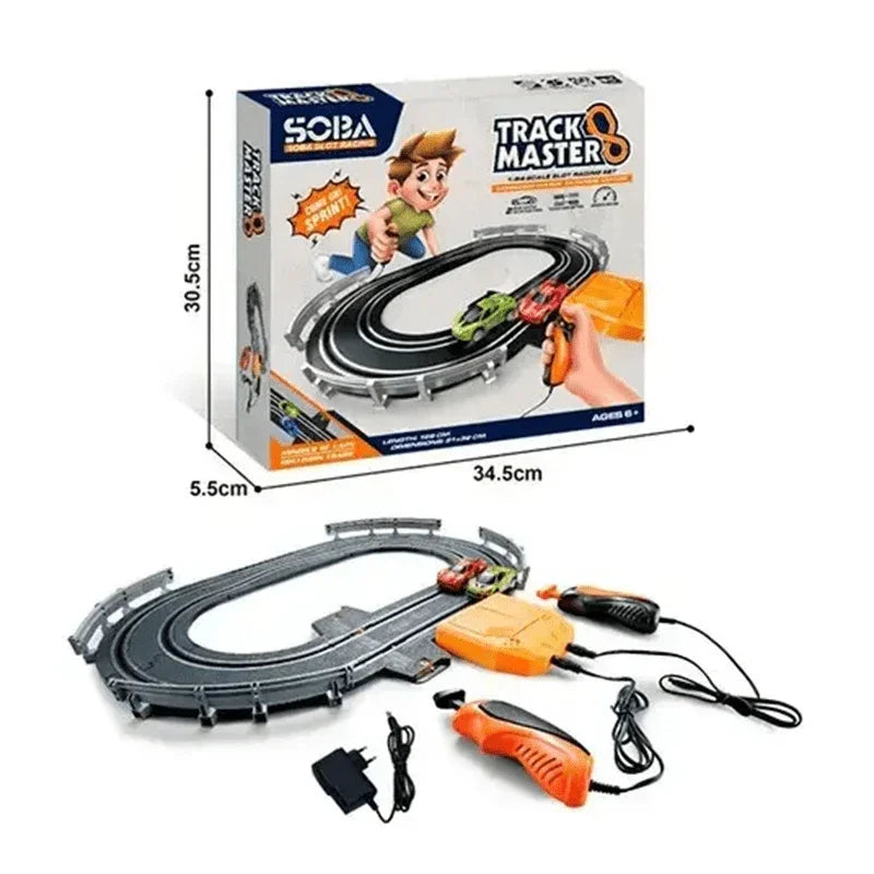 KidoKraze Track Master Slot Racing Track Set with colorful track pieces and racing cars on a smooth, winding slot track.