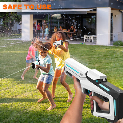 KidoKraze electric LED water gun with target scope, protective goggles, and colorful water spray for outdoor fun and water battles.